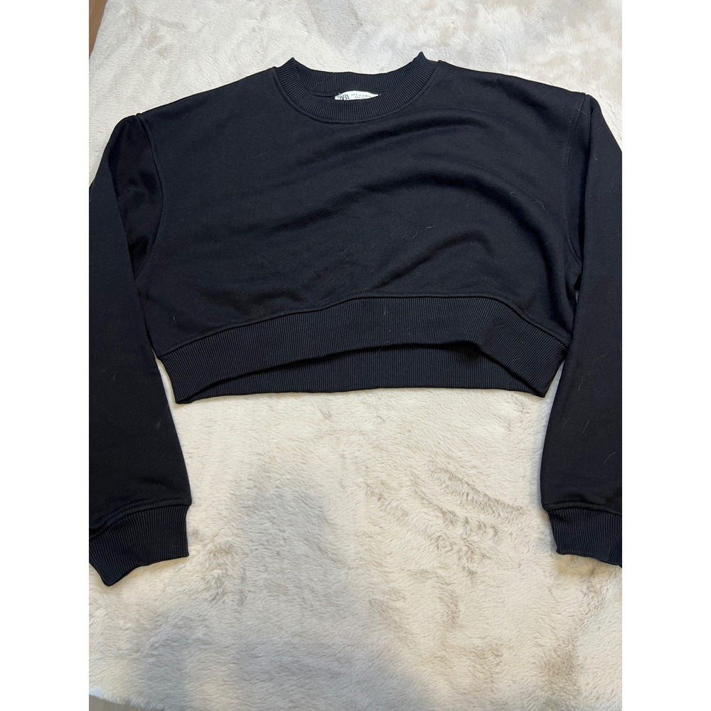 Zara Cropped Sweatshirt Womens Small Black Excellent Ribbed Crew Neck Pullover